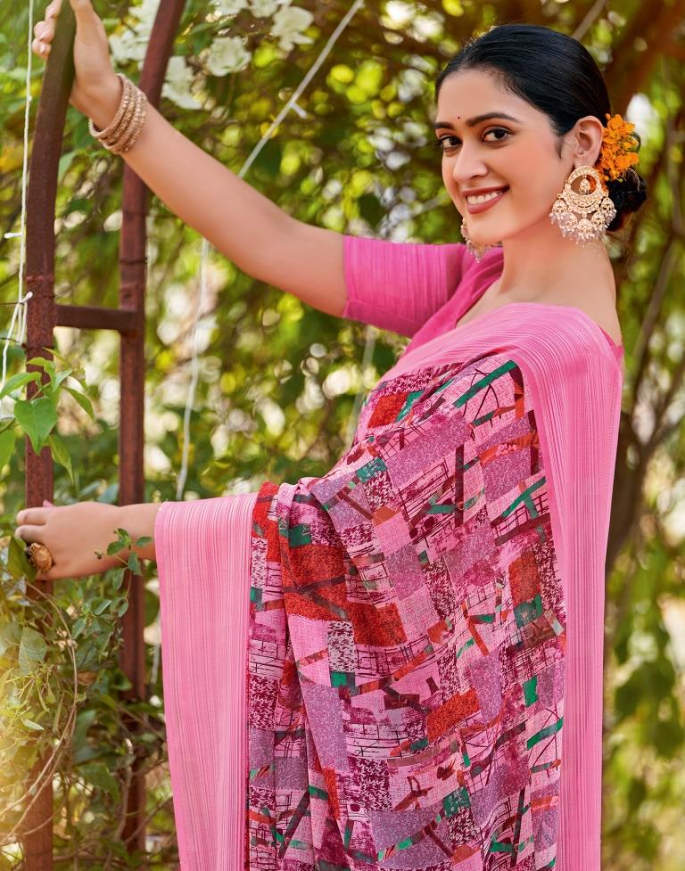 Pink Georgette Woven Saree