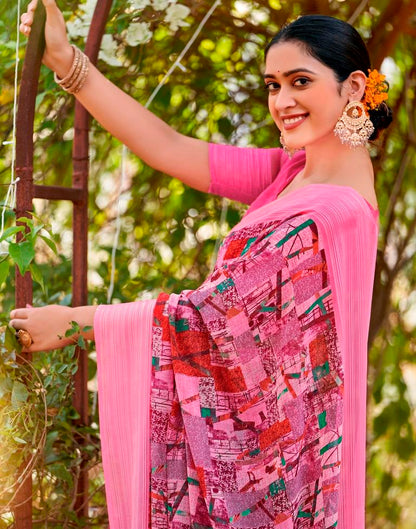 Pink Georgette Woven Saree