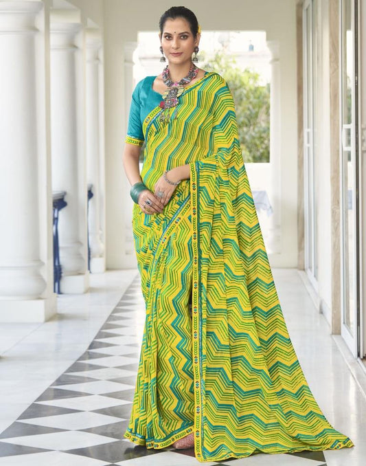 Yellow Georgette Printed Saree