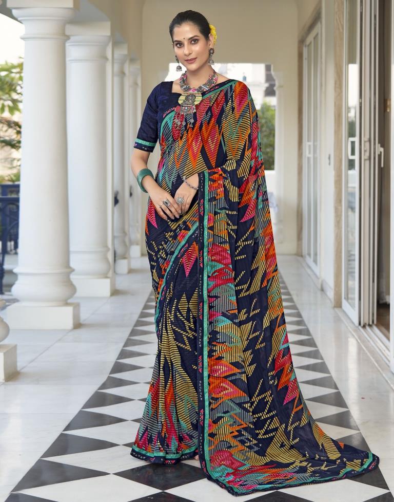 Navy Blue Georgette Printed Saree
