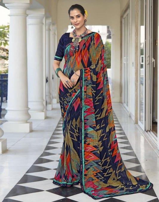 Navy Blue Georgette Printed Saree