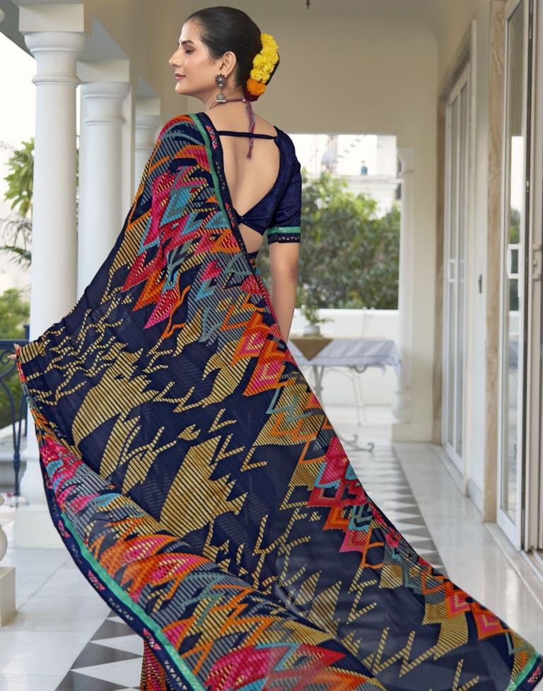 Navy Blue Georgette Printed Saree