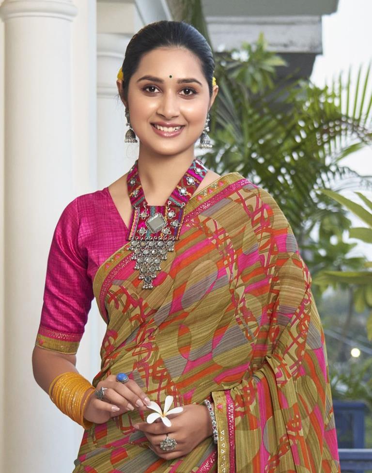 Dark Khaki Georgette Printed Saree