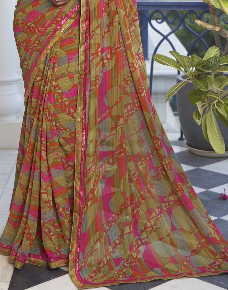 Dark Khaki Georgette Printed Saree