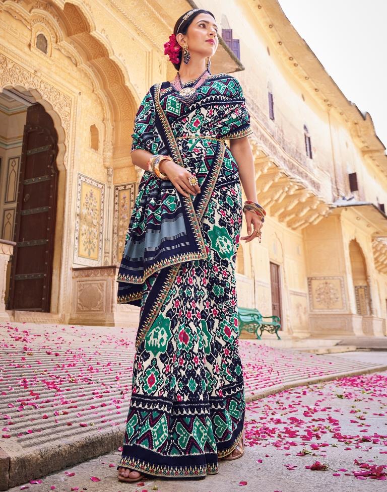 Navy Blue Silk Printed Saree