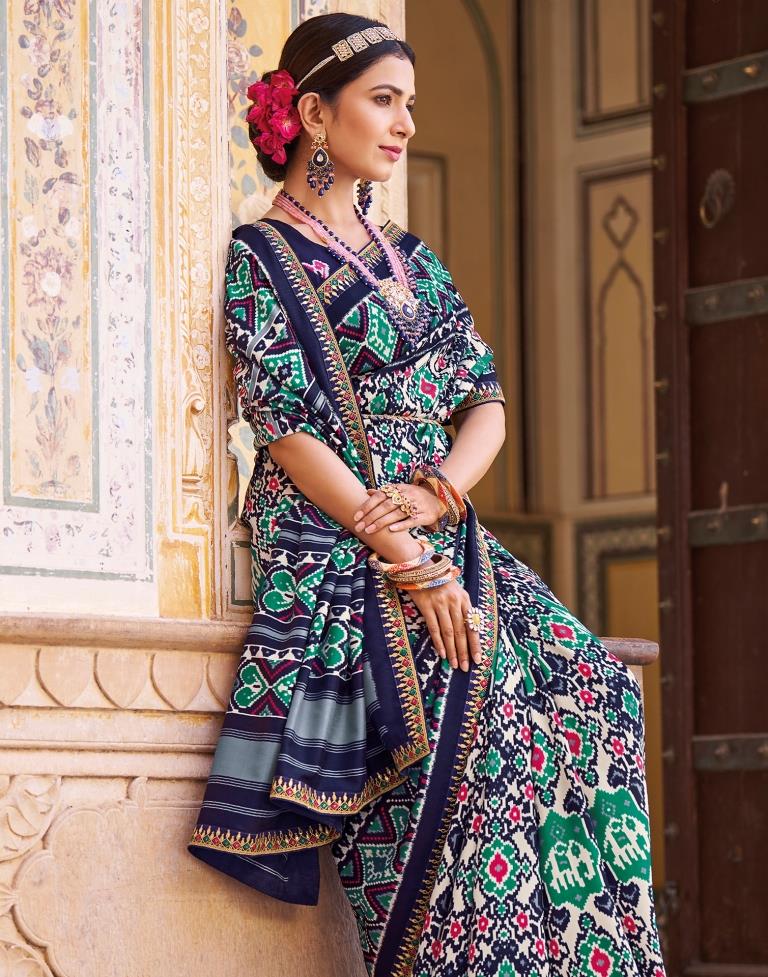 Navy Blue Silk Printed Saree