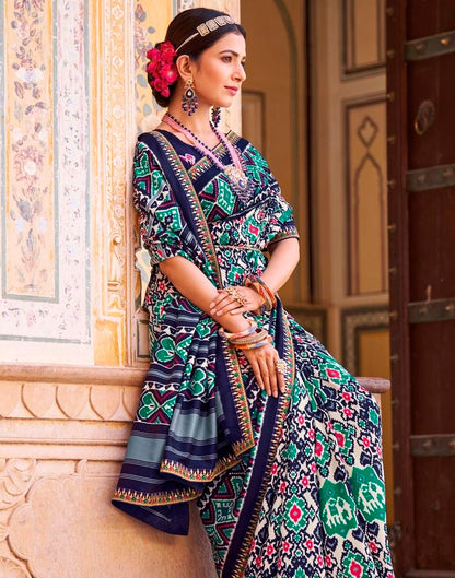 Navy Blue Silk Printed Saree