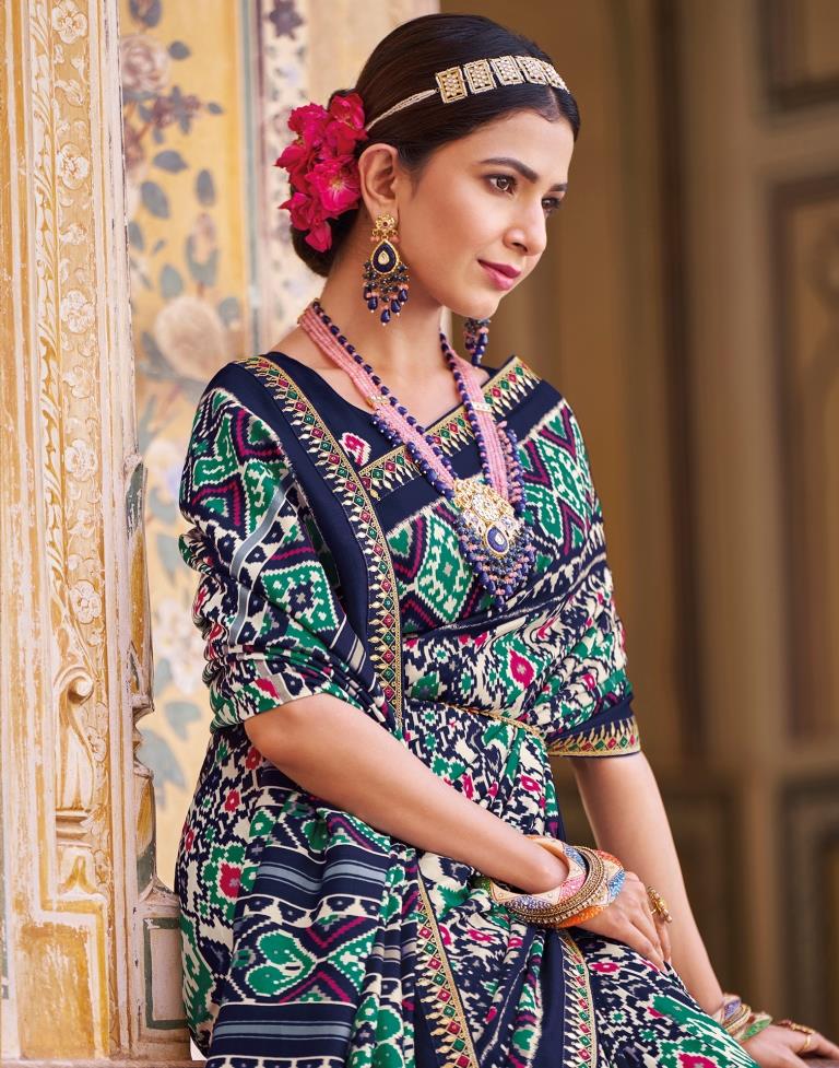 Navy Blue Silk Printed Saree