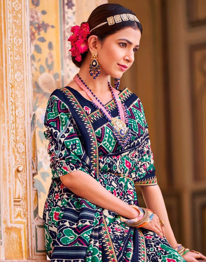 Navy Blue Silk Printed Saree