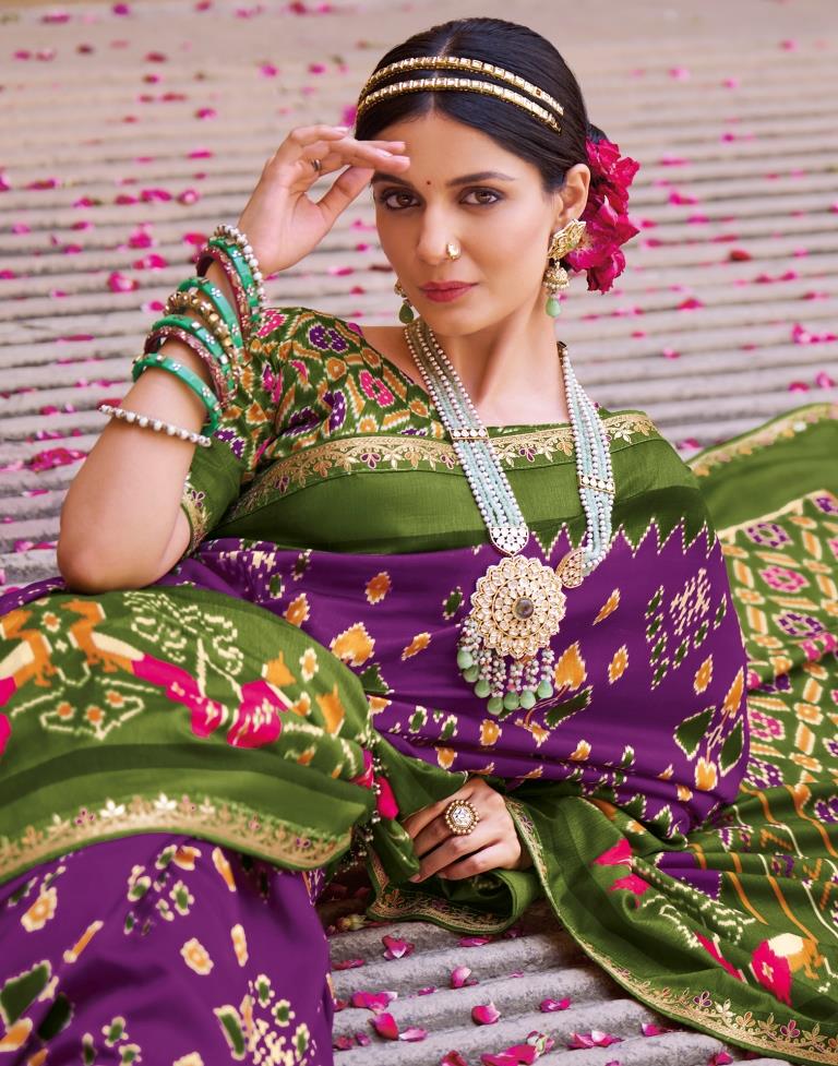 Olive Green Silk Printed Saree