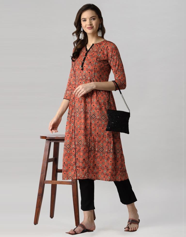Orange Digital Printed Crepe Kurti | Leemboodi