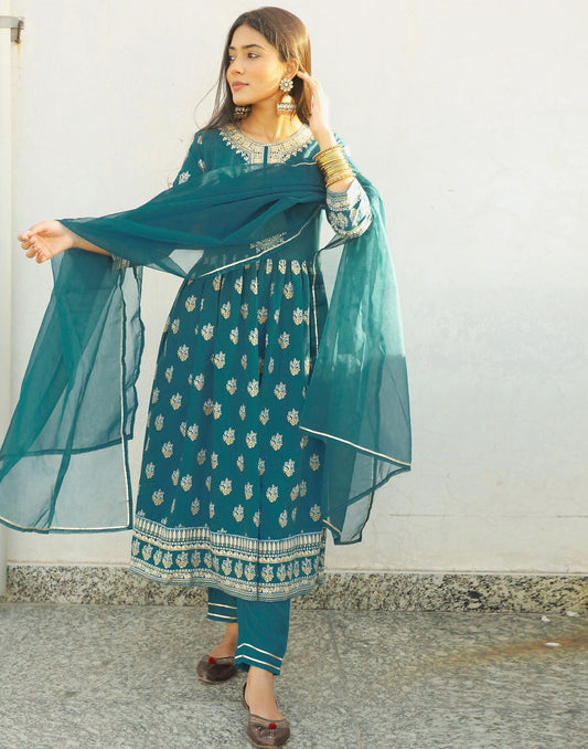 Teal Kurti With Pant And Dupatta | Leemboodi