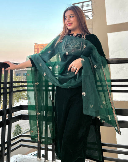 Dark Green Kurti With Pant And Dupatta | Leemboodi