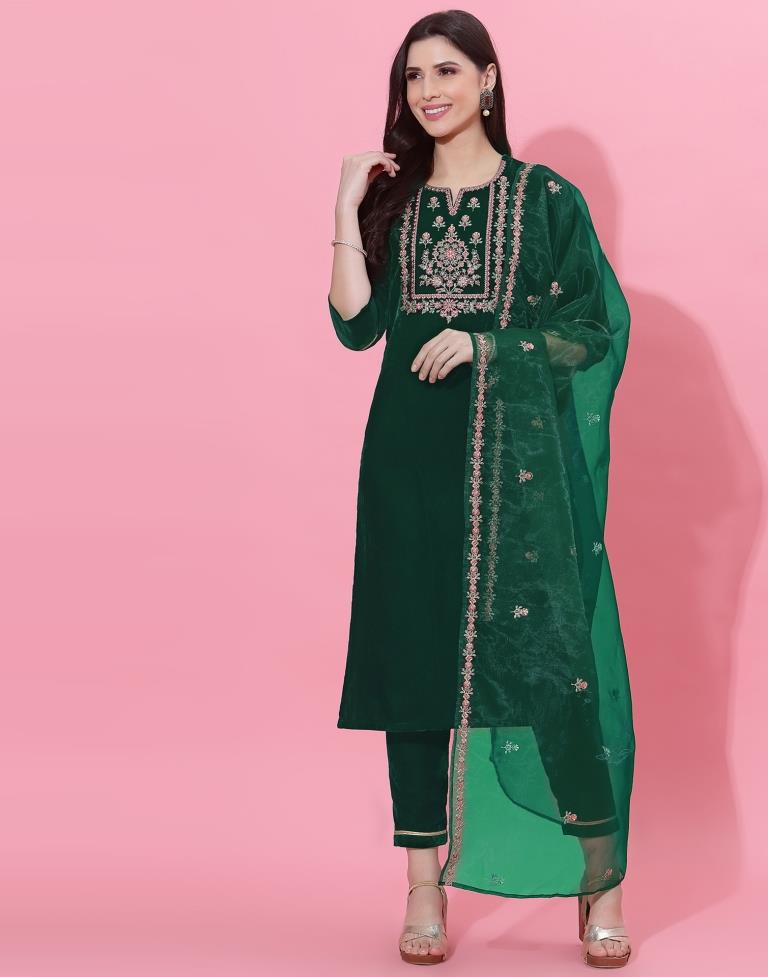 Dark Green Kurti With Pant And Dupatta | Leemboodi