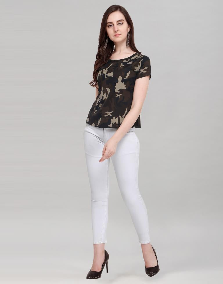 Olive Green Coloured Printed Crepe Top | Sudathi