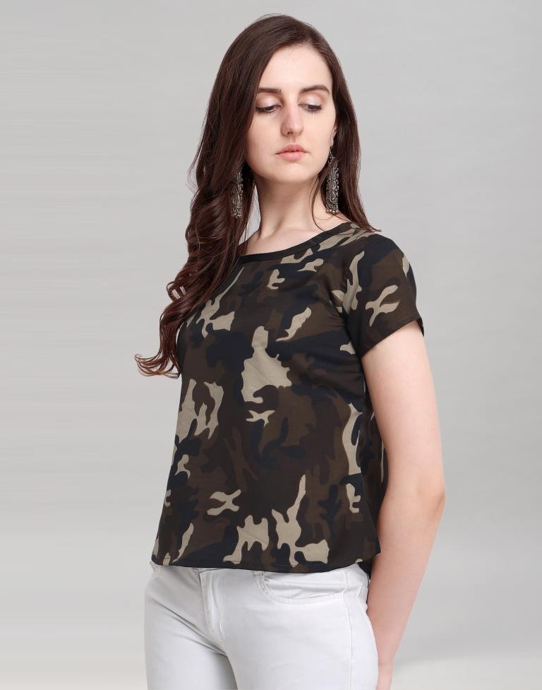 Olive Green Coloured Printed Crepe Top | Sudathi