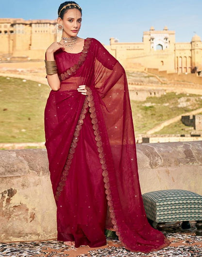 Cherry Red Chiffon Plain Saree