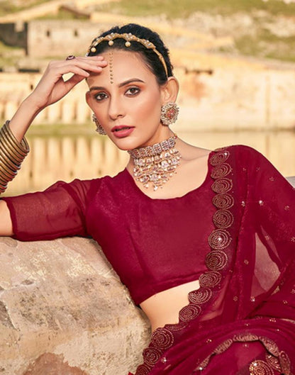 Cherry Red Chiffon Plain Saree