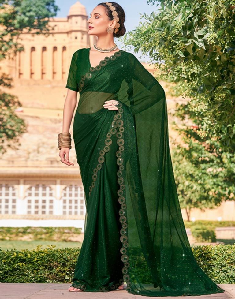 Dark Green Chiffon Plain Saree