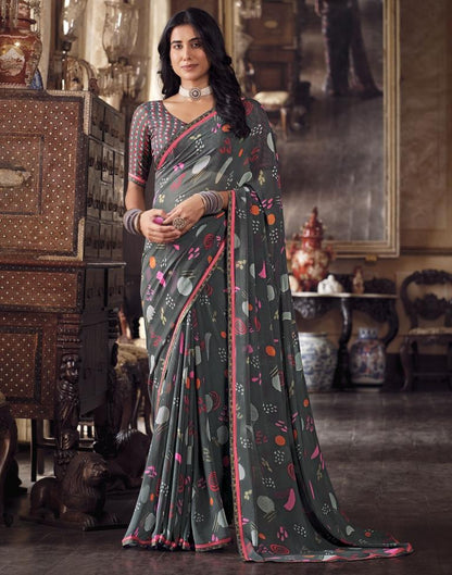 Grey & Multicoloured Georgette Printed Saree