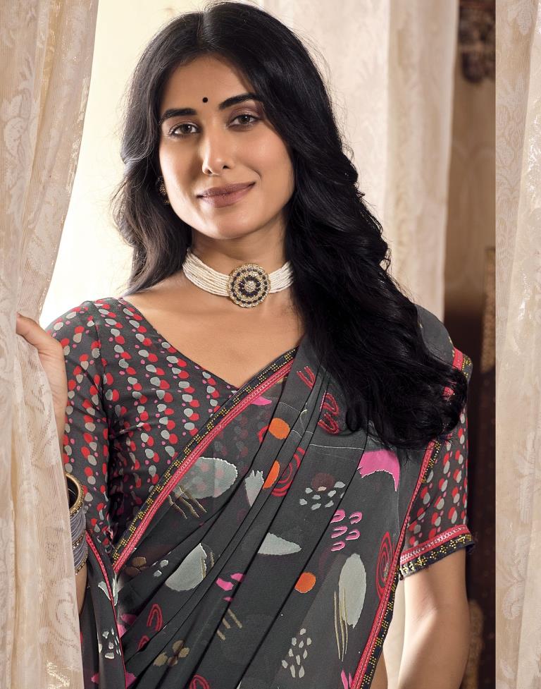 Grey & Multicoloured Georgette Printed Saree