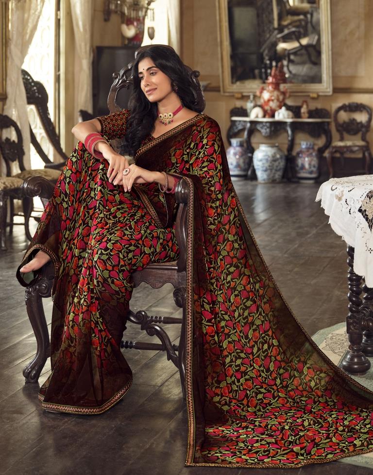 Black & Multicolour Georgette Printed Saree