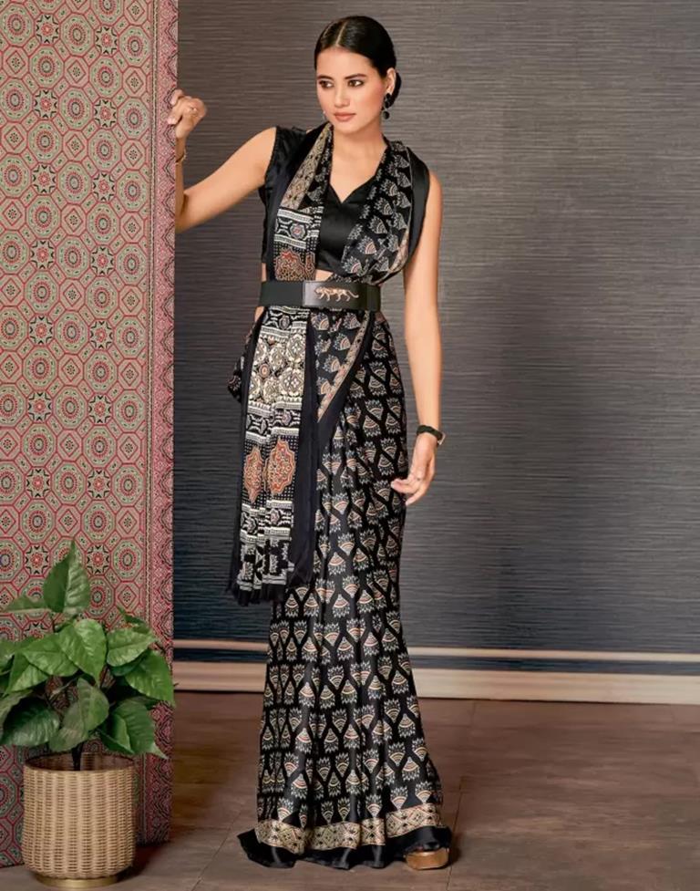 Black Satin Printed Saree