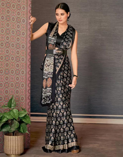Black Satin Printed Saree