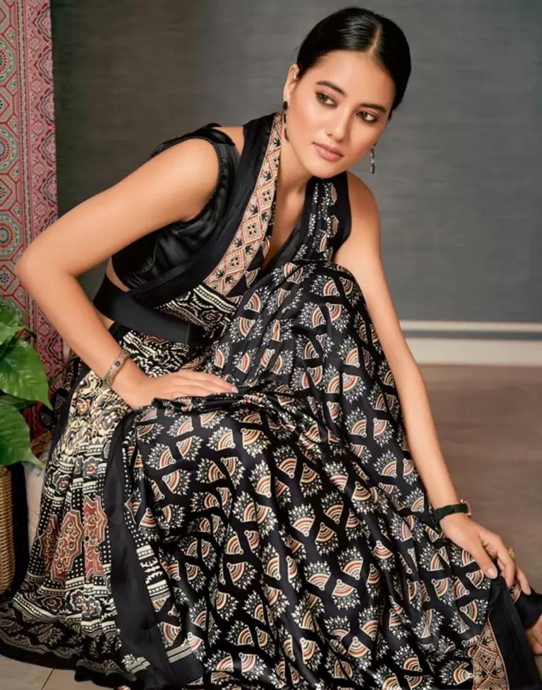 Black Satin Printed Saree