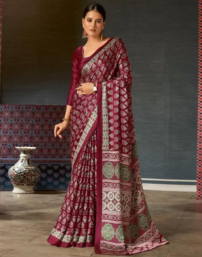 Maroon Satin Printed Saree