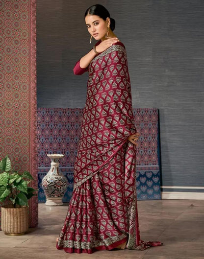 Maroon Satin Printed Saree