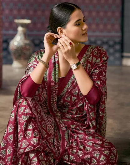 Maroon Satin Printed Saree