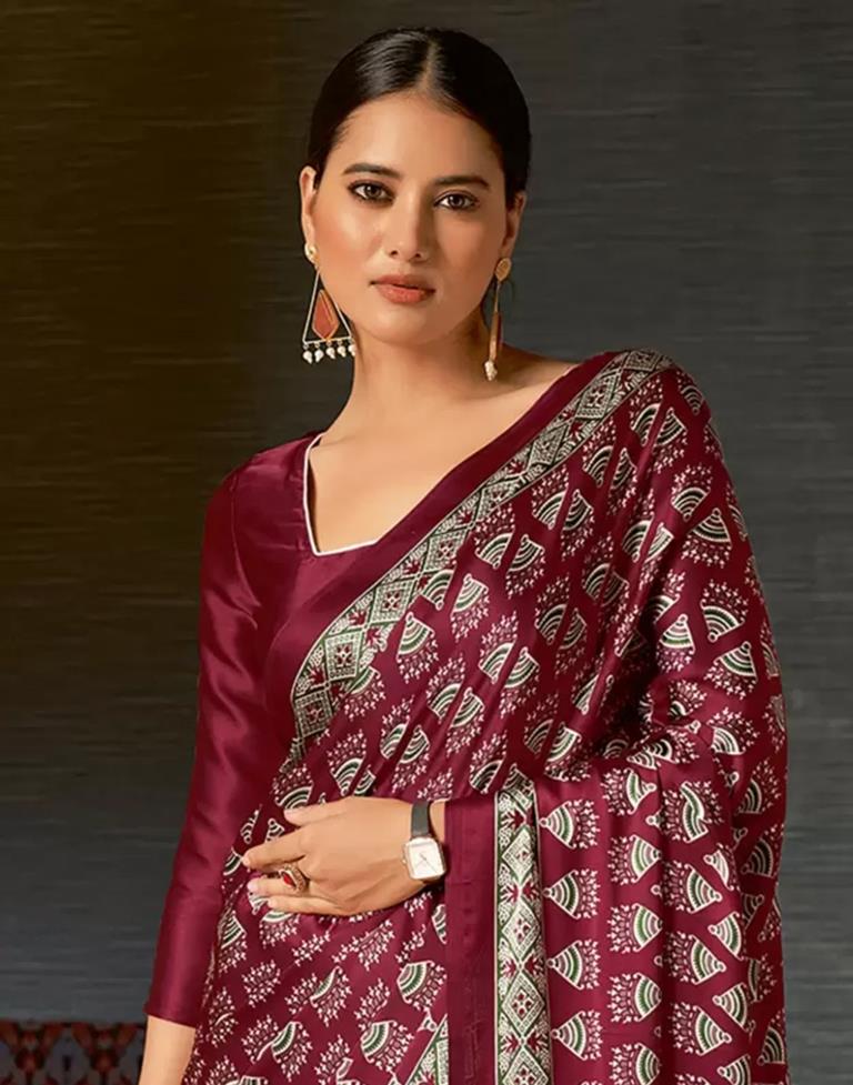 Maroon Satin Printed Saree