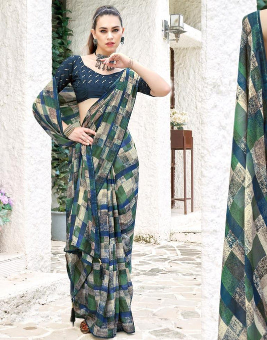 Rama Green Georgette Printed Saree
