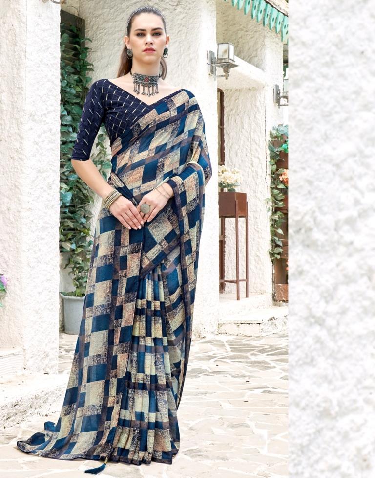 Sea Blue Georgette Printed Saree