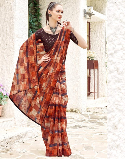 Rust Georgette Printed Saree