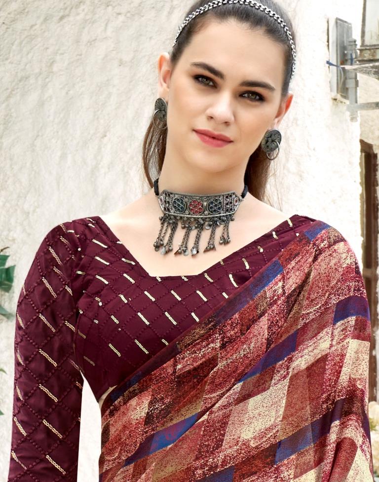 Wine Georgette Printed Saree