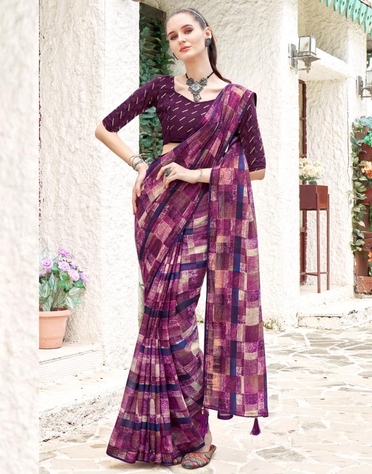Deep Purple Georgette Printed Saree