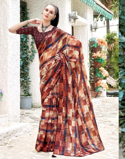 Rust Georgette Printed Saree