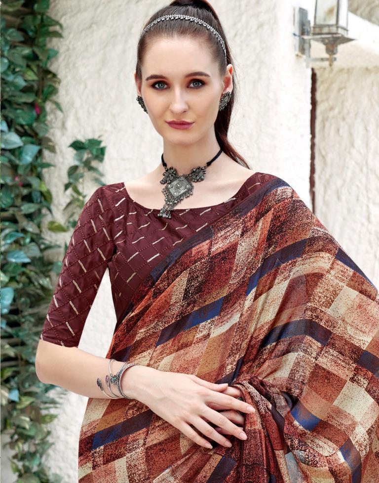 Rust Georgette Printed Saree
