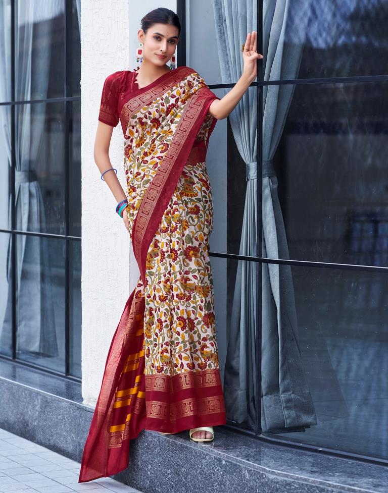 Beige & Multicolour Cotton Printed Saree