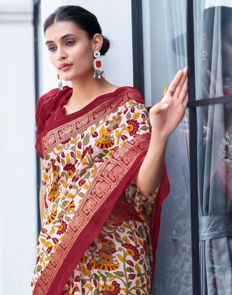 Beige & Multicolour Cotton Printed Saree