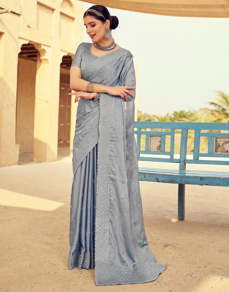 Grey Georgette Plain Saree
