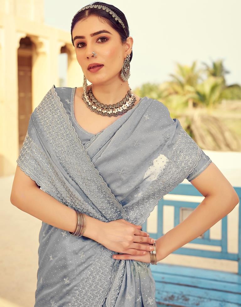 Grey Georgette Plain Saree