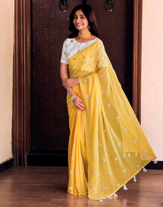 Light Yellow Georgette Embroidery Saree