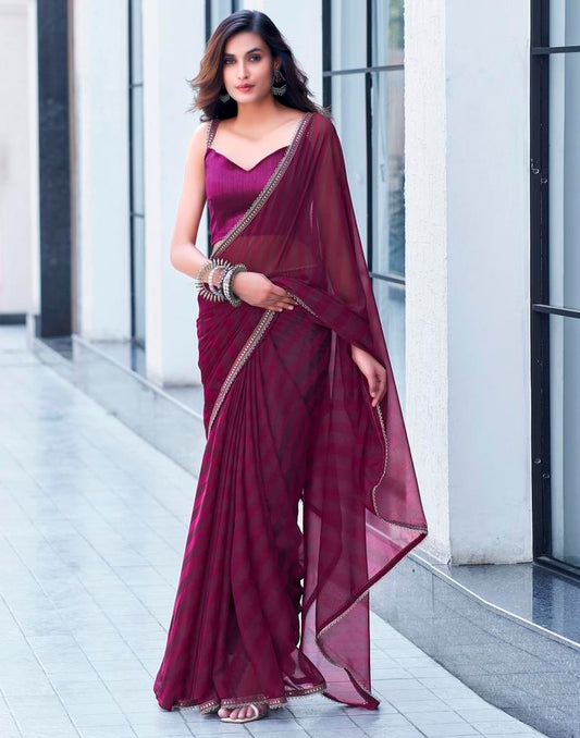 Wine Georgette Printed Saree