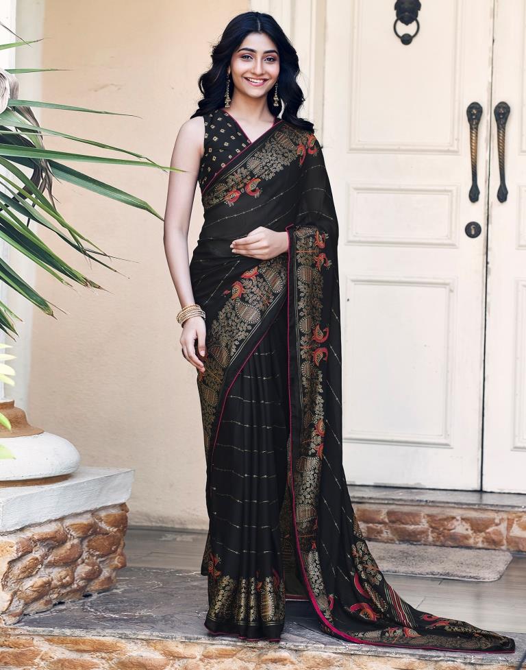 Black Cotton Printed Saree