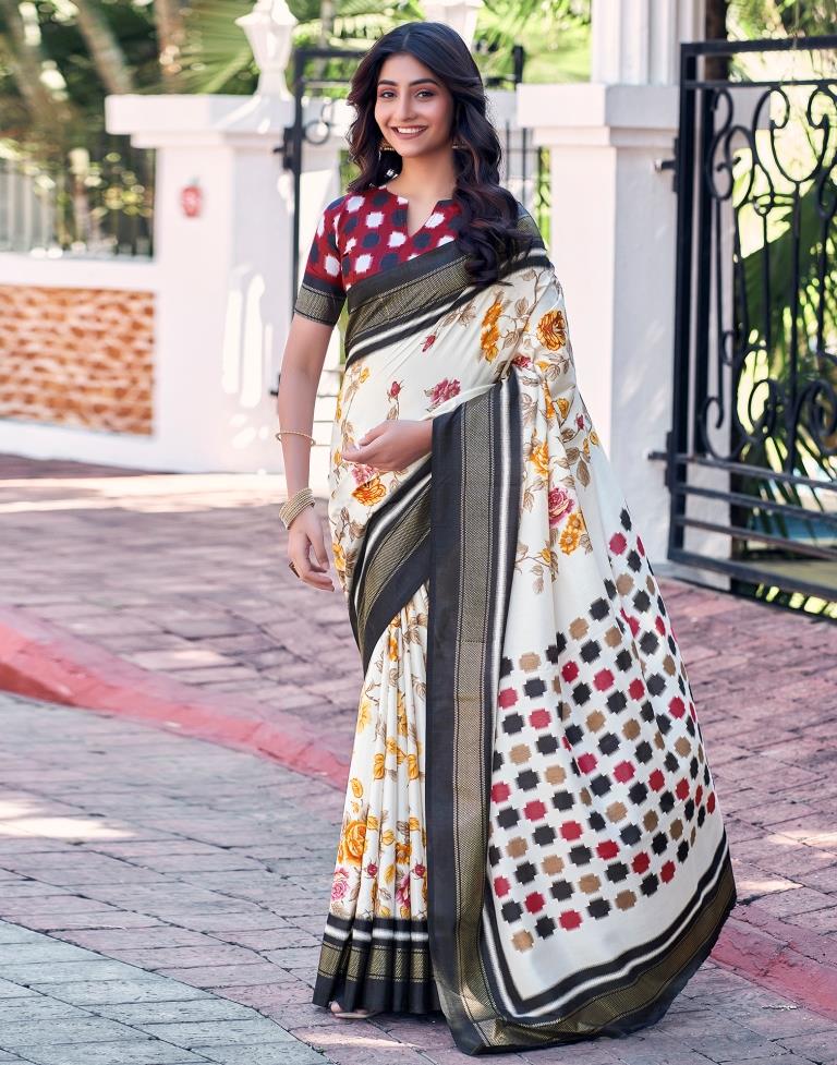 Beige & Multicoloured Silk Printed Saree