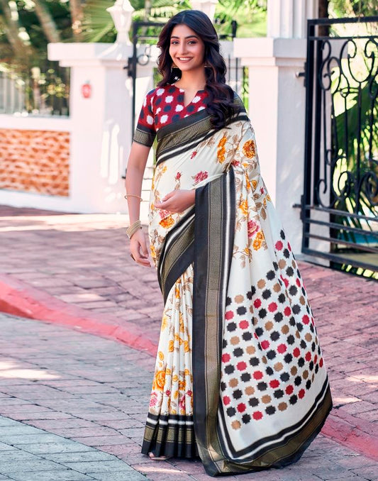 Beige & Multicoloured Silk Printed Saree