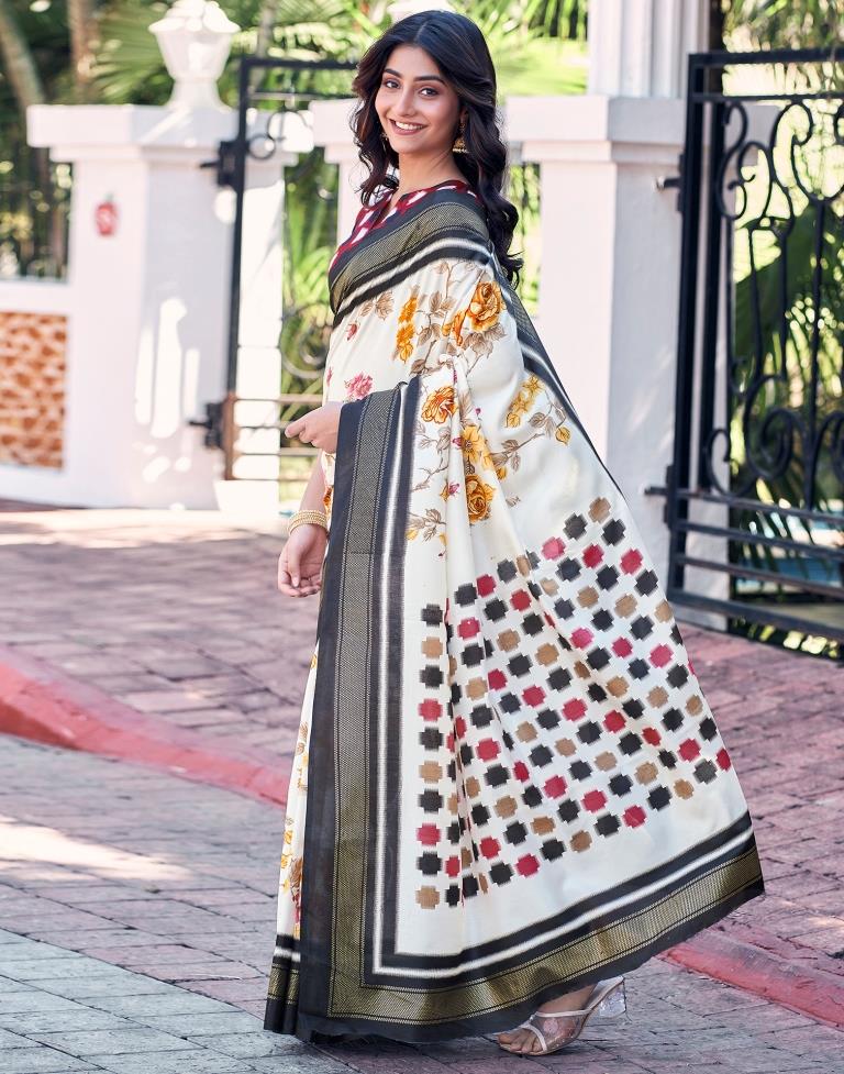 Beige & Multicoloured Silk Printed Saree